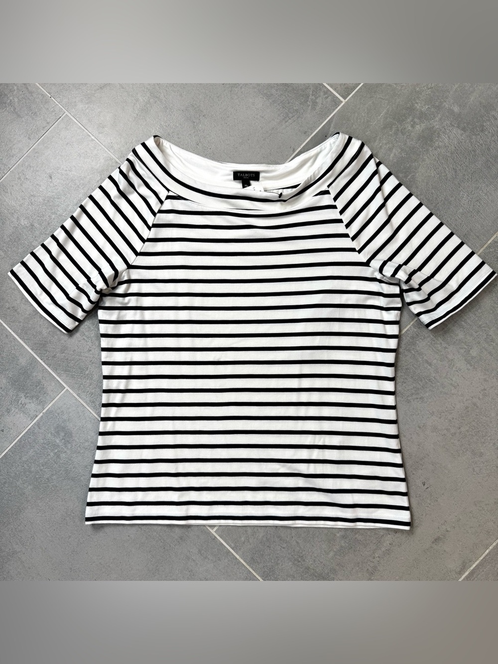 Talbots Black and White Striped Boatneck Short Sleeve Top Petite medium nwt